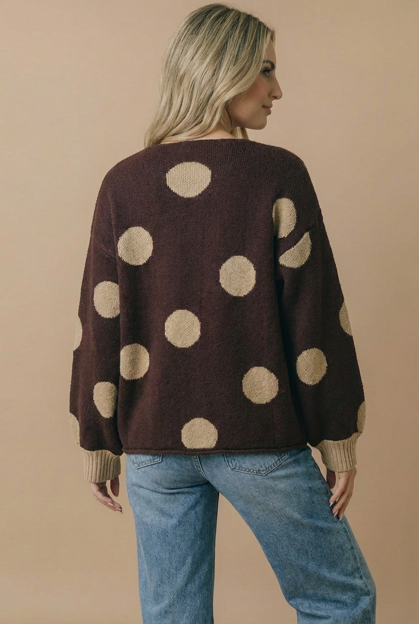 Button Down Polka Dot Jacquard Cardigan: BRUNETTE / S