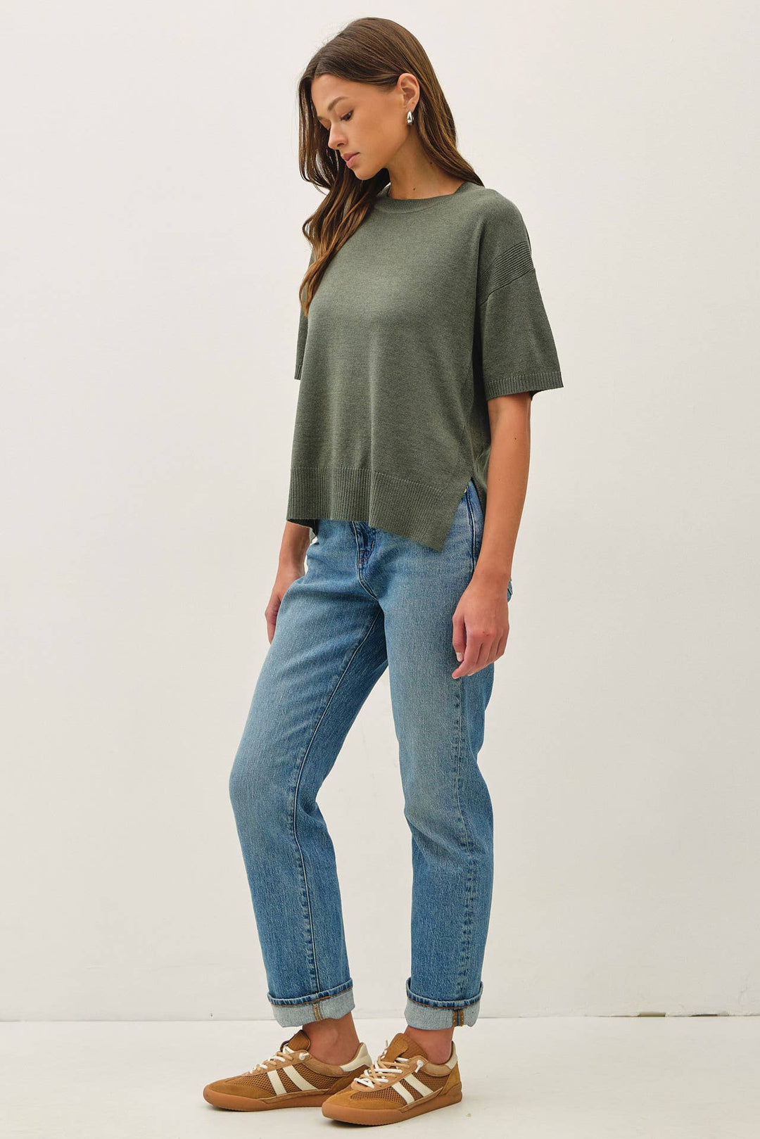 WOOL BLENED BOXY FIT SHORT SLEEVE SWEATER TOP : OATMEAL / L