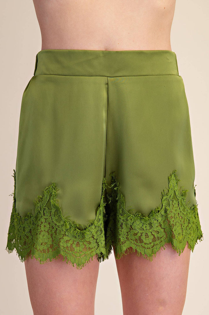 Olive Crush Satin Lace Shorts