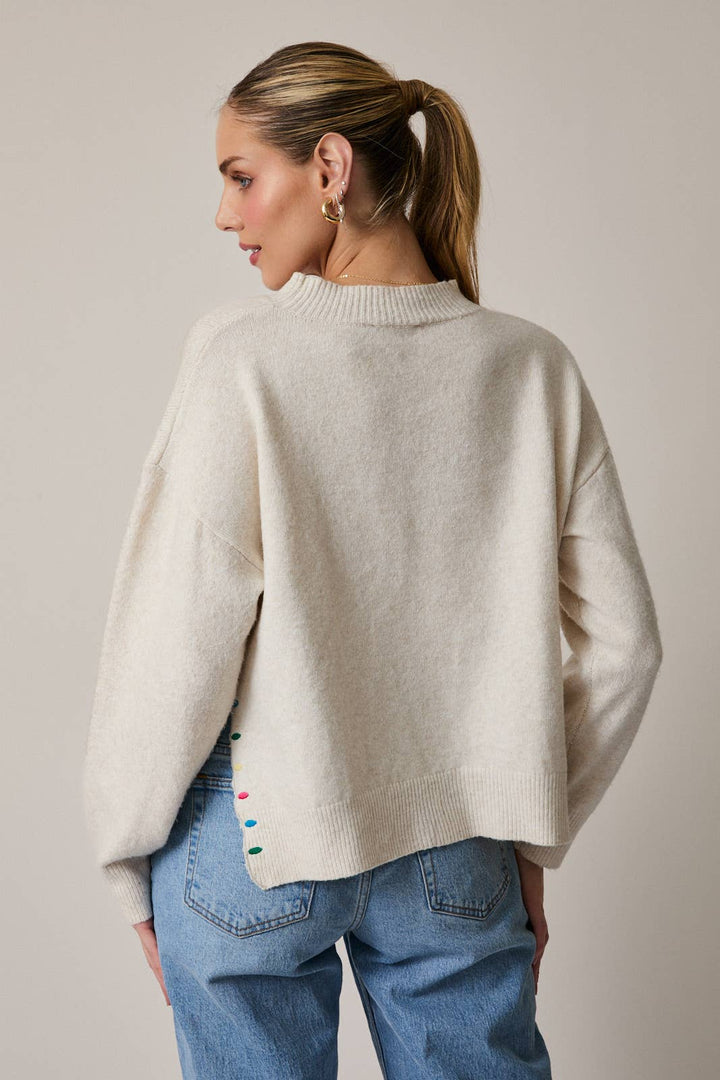 Mock Neck Long Sleeve Peace &amp; Joy Novelty Knit Sweater: Blue / L