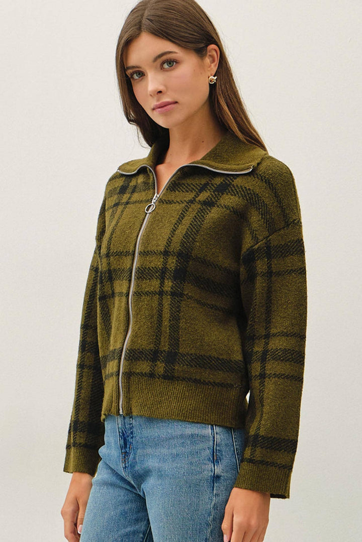 PLAID CHECK HIGH NECK COLLAR SWEATER JACKET: OLIVE / S
