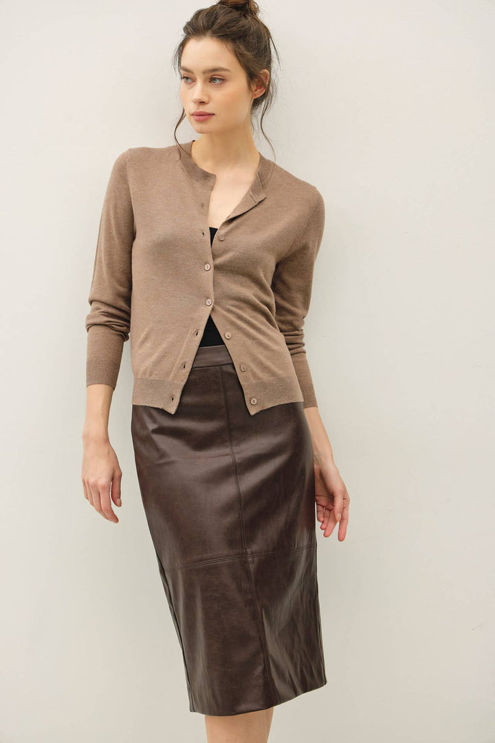 FAUX LEATHER KNEE LENGTH PENCIL SKIRT : Brown / L