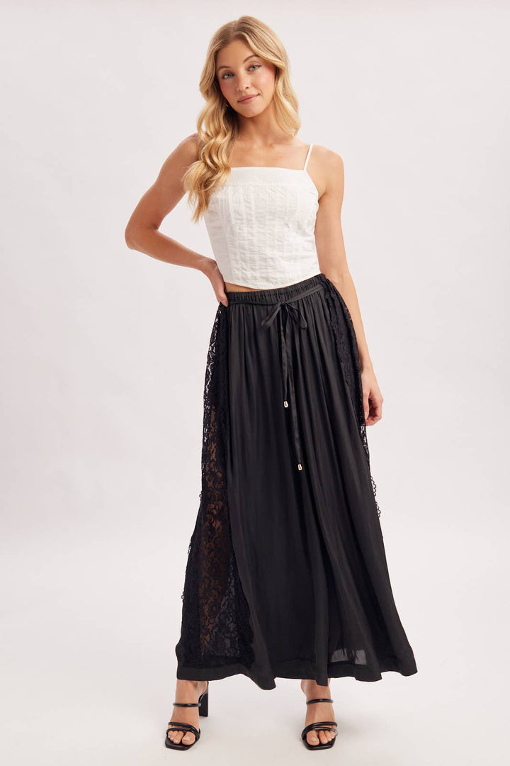 Boho Lace Trim Satin Wide Pants