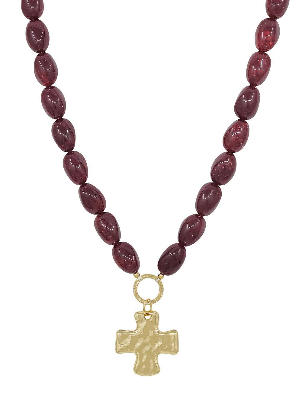 Maroon Oval Beaded with Hammered Gold Cross Necklace