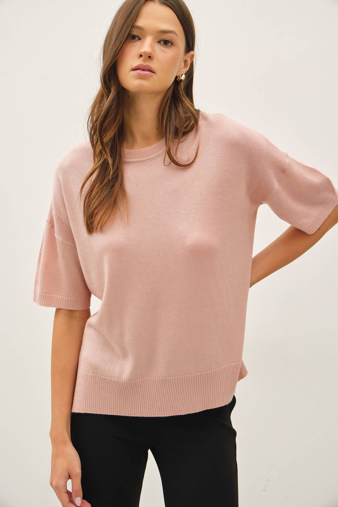 WOOL BLENED BOXY FIT SHORT SLEEVE SWEATER TOP : OATMEAL / L