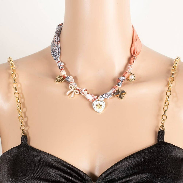 Heart &amp; Ribbon Charms Bandana Knotted Necklace