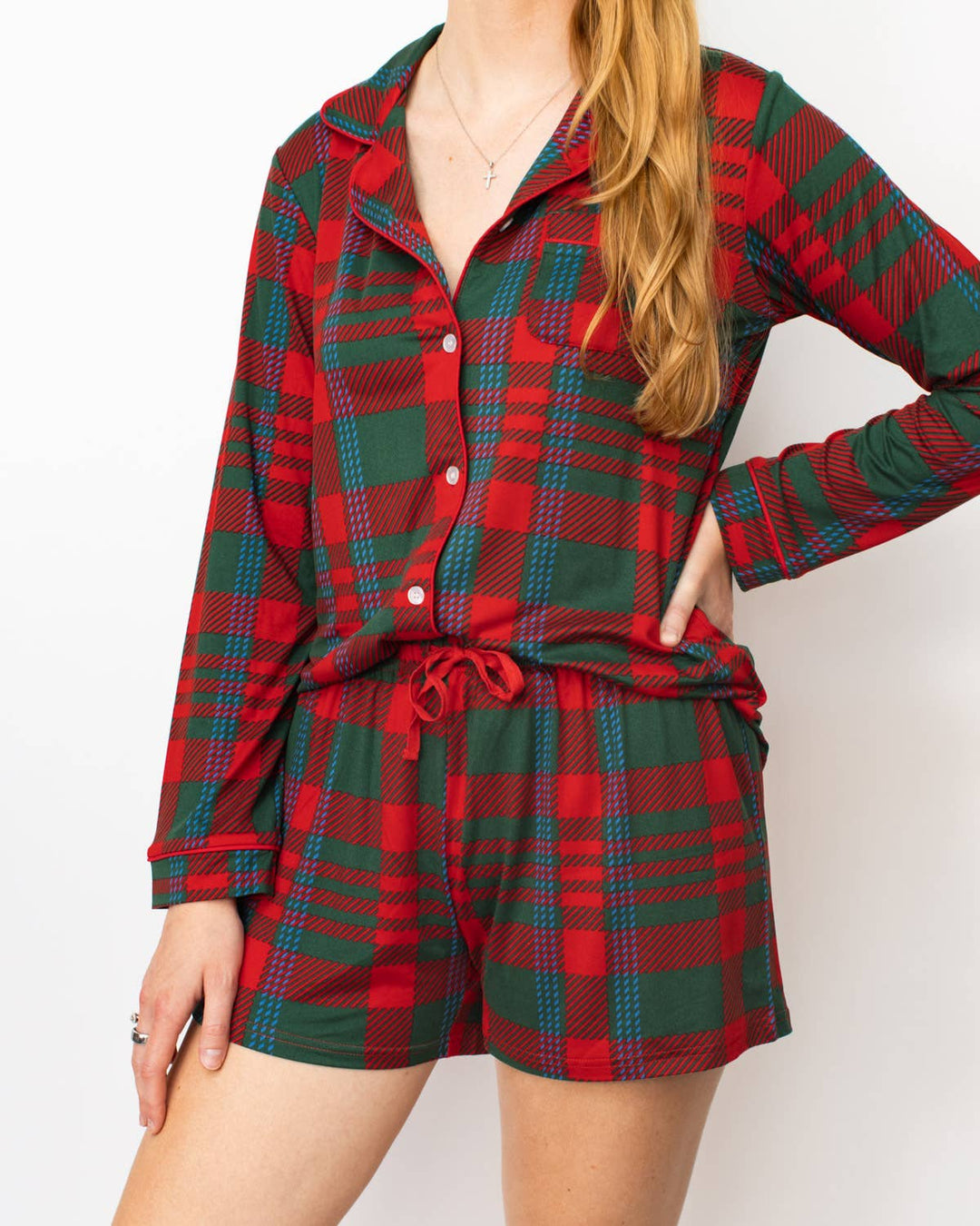 Telluride Plaid Long Sleeve Button Up Sleep Shirt   Dark Green/Red/Blue   -Asst.: Large