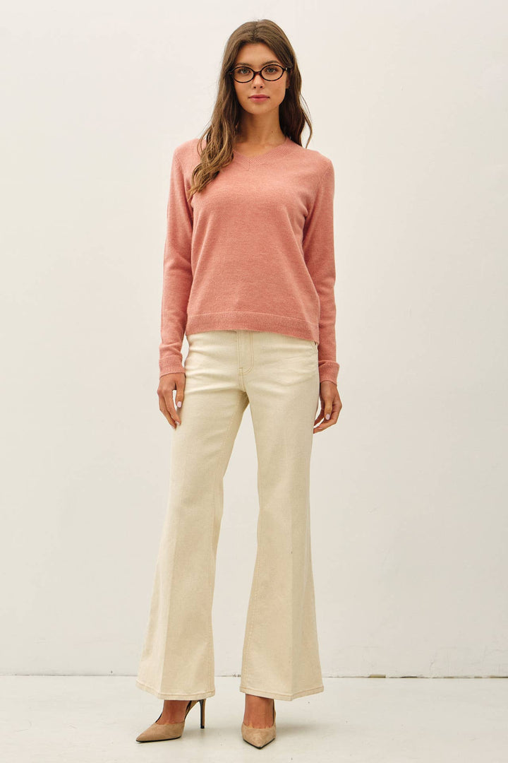 WOOL TOUCH CUFF POINTED V-NECK SWEATER: DUSTY BLUE / L