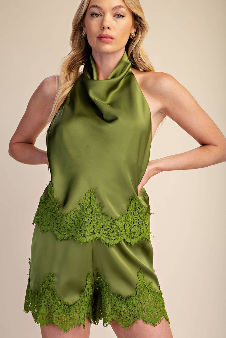 Olive Crush Satin Lace Shorts