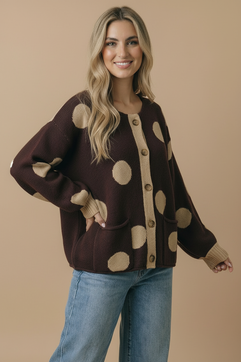 Button Down Polka Dot Jacquard Cardigan: BRUNETTE / L