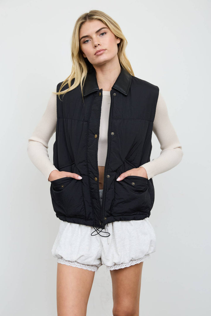 COLLARED SNAP-FRONT PUFFER VEST (PRE-ORDER): BLACK