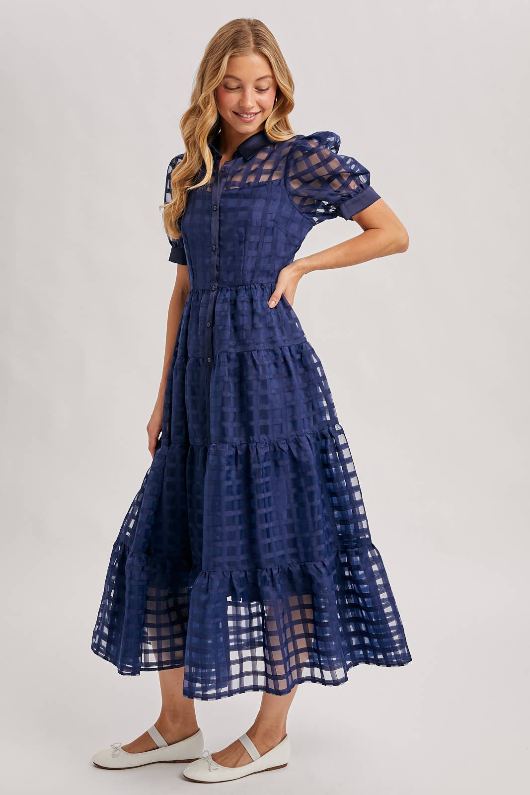 Navy Gridded Maxi Dress