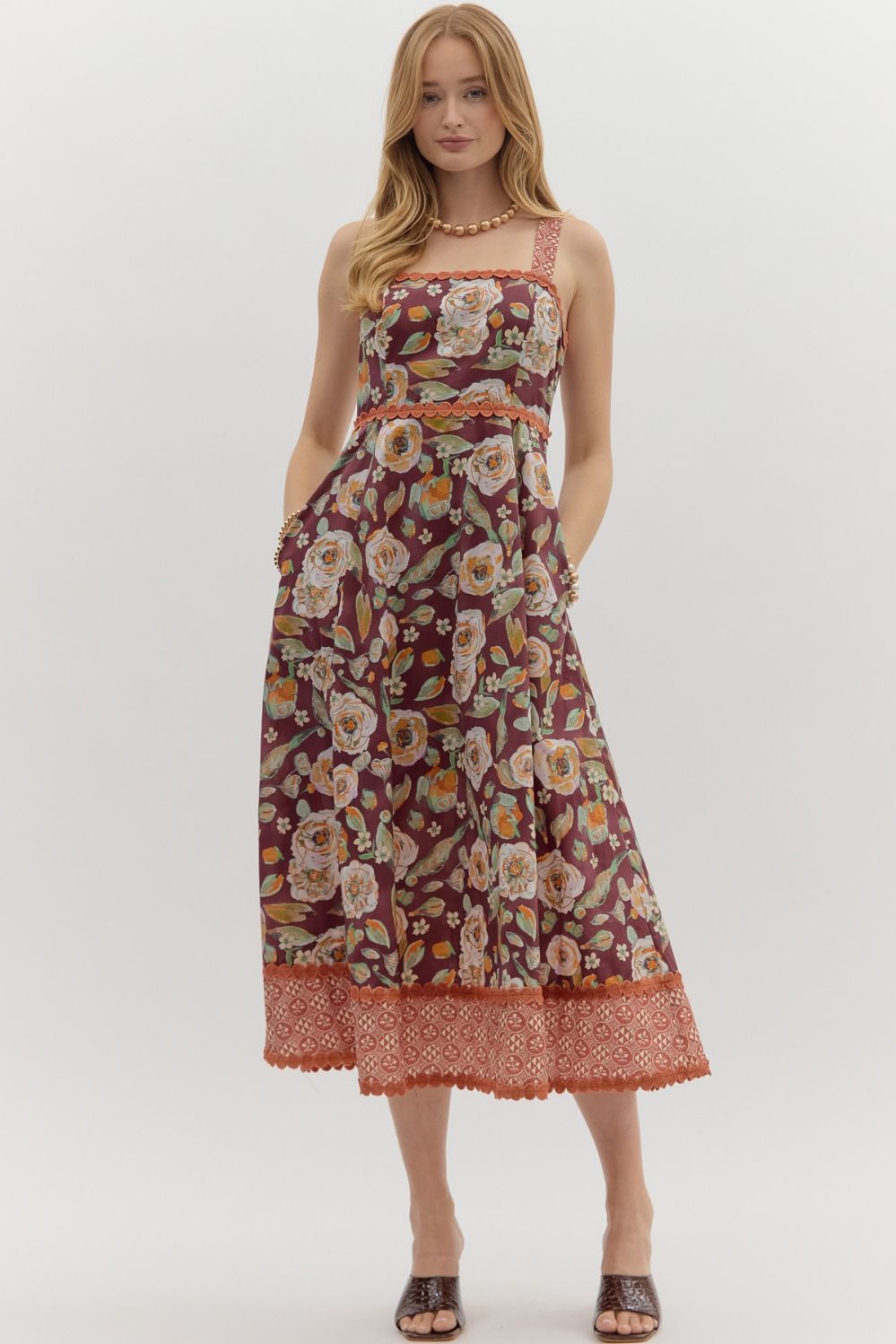 Burgundy Floral Midi Dress