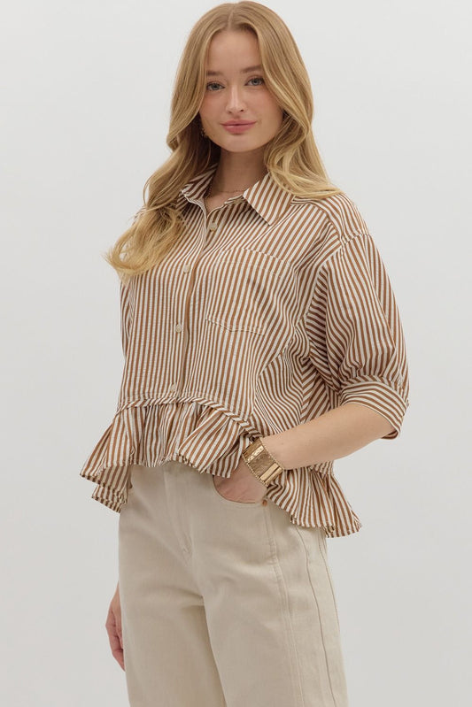 Brown Stripe Ruffle Hem Top