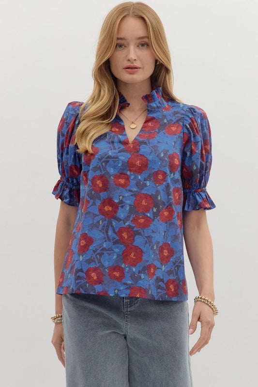 Blue/Red Floral Top