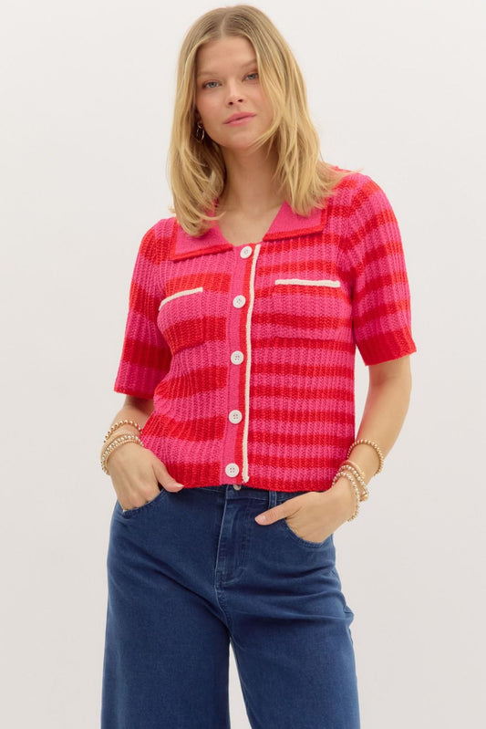 Double Pink Striped Knit Sweater Top