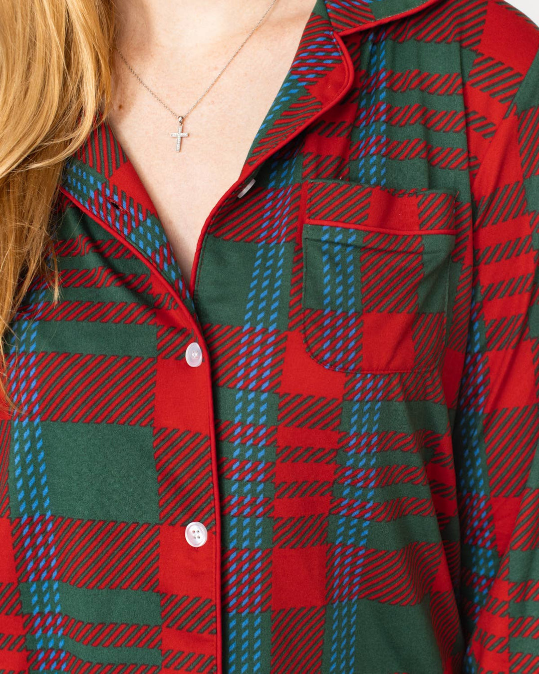 Telluride Plaid Long Sleeve Button Up Sleep Shirt   Dark Green/Red/Blue   -Asst.: Small