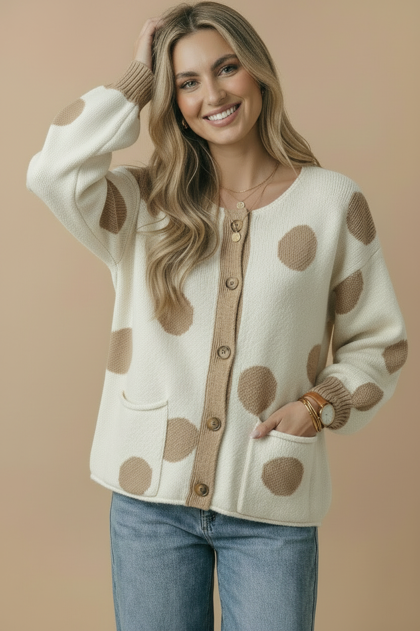 Button Down Polka Dot Jacquard Cardigan: BRUNETTE / L