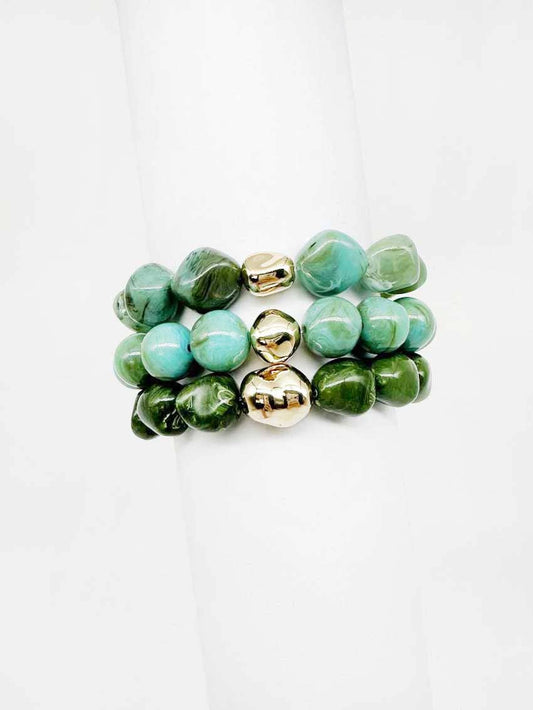 Turquoise Natural Stone and Gold Set of 3 Stretch Bracelets