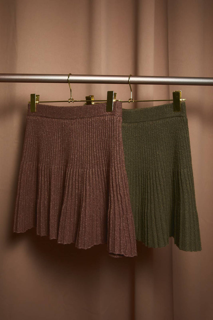 High Waist Ribbed Knit Flared Flounce Mini Skirt: OLIVE / M