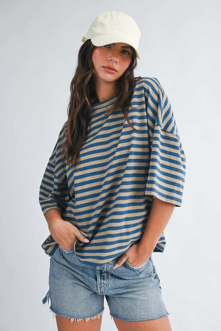 Tan/Blue Oversized Stripe Boyfriend Tee