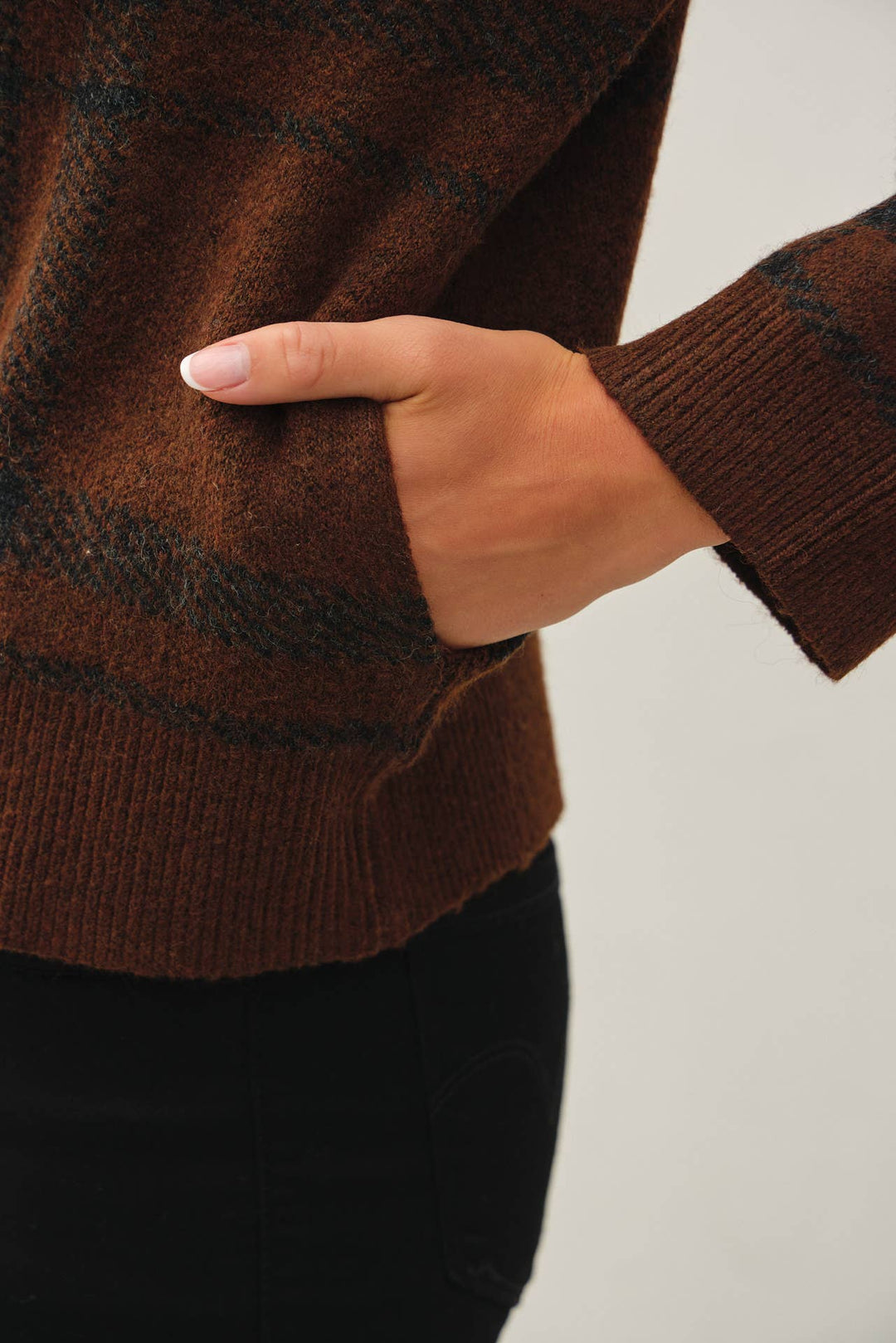 PLAID CHECK HIGH NECK COLLAR SWEATER JACKET: OLIVE / S