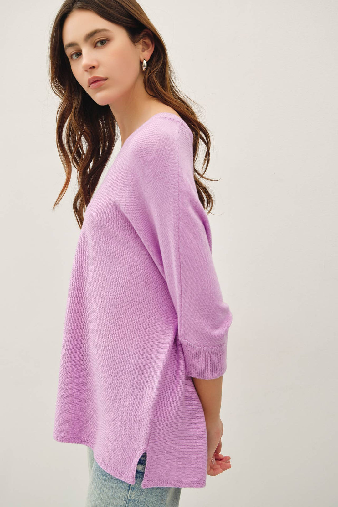 WOOL BLENDED BOXY V-NECK SWEATER TOP: LAVENDER / S