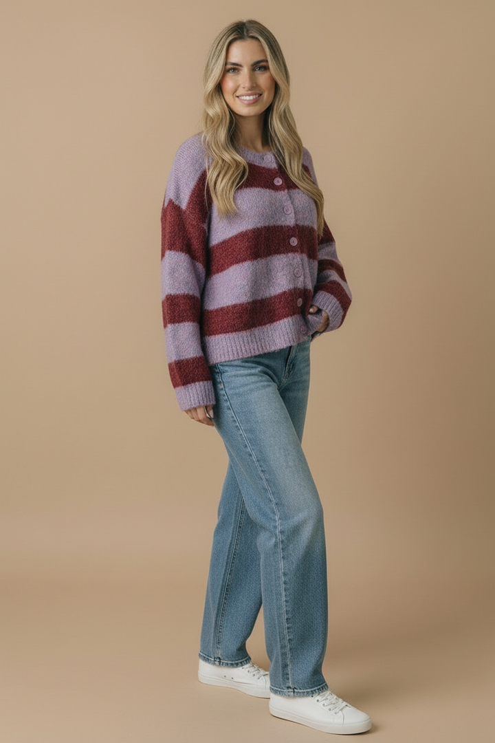 Fluffy Stripe Cardigan: Burgundy/Lavender