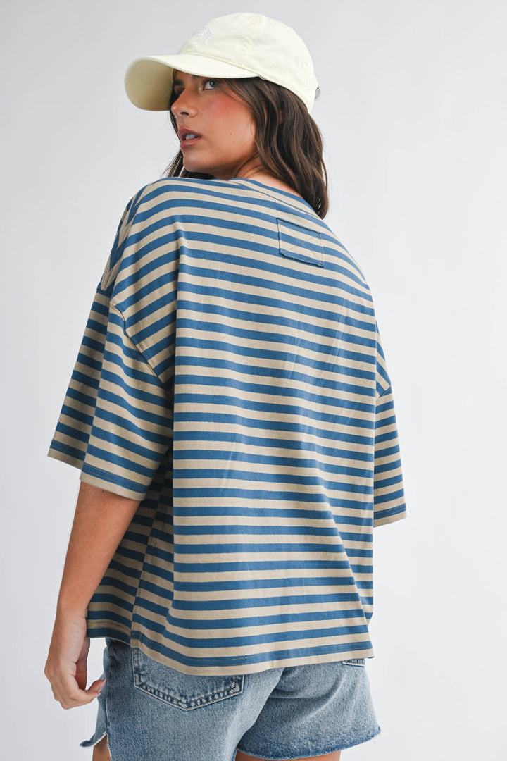 Tan/Blue Oversized Stripe Boyfriend Tee