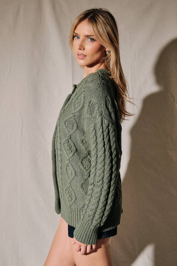 Oversized Cable Knit Button Down Cardigan Sweater: OLIVE / S