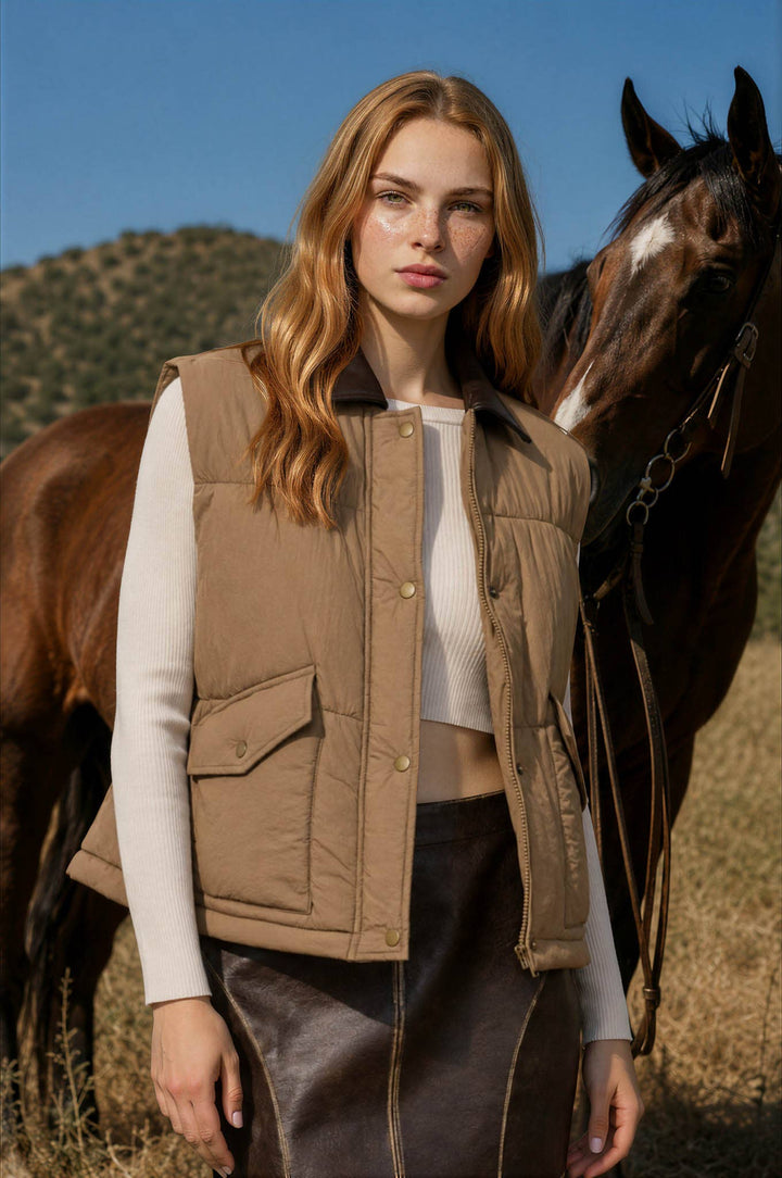 COLLARED SNAP-FRONT PUFFER VEST (PRE-ORDER): BLACK