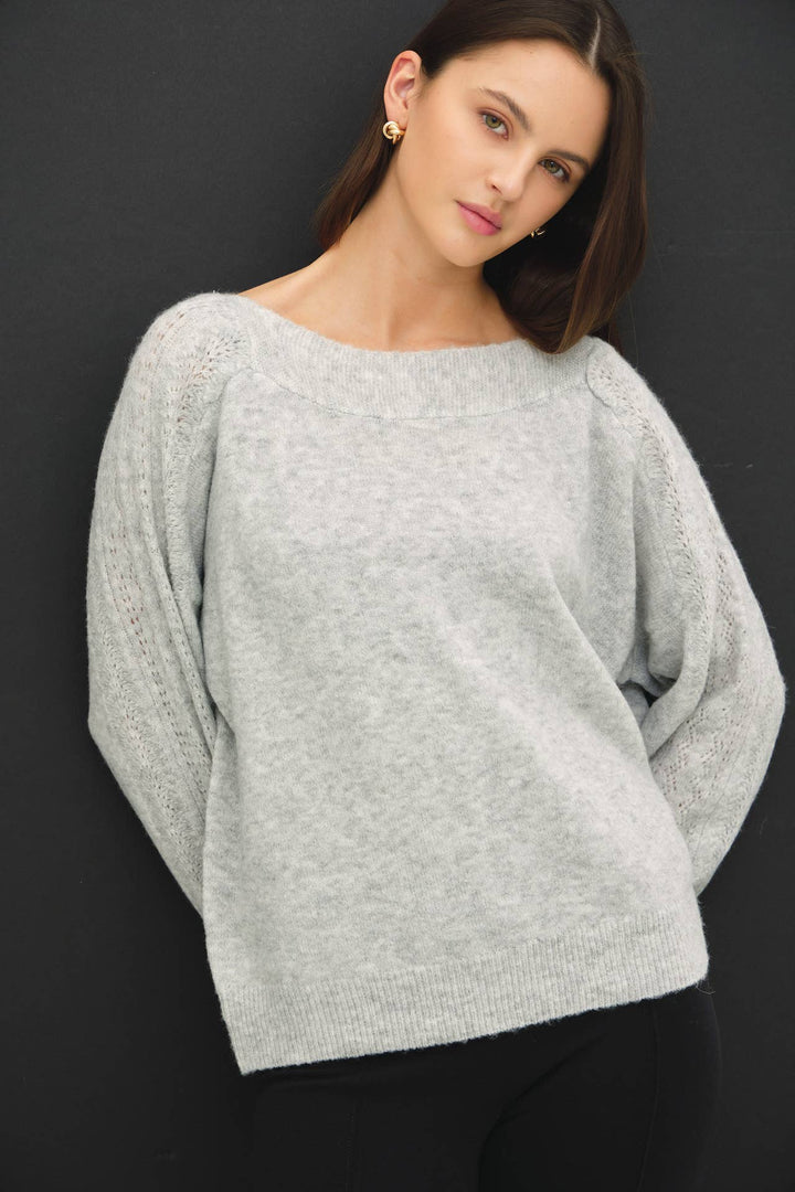 BOAT NECK CROCHET DETAIL SWEATER: LAVENDER / S