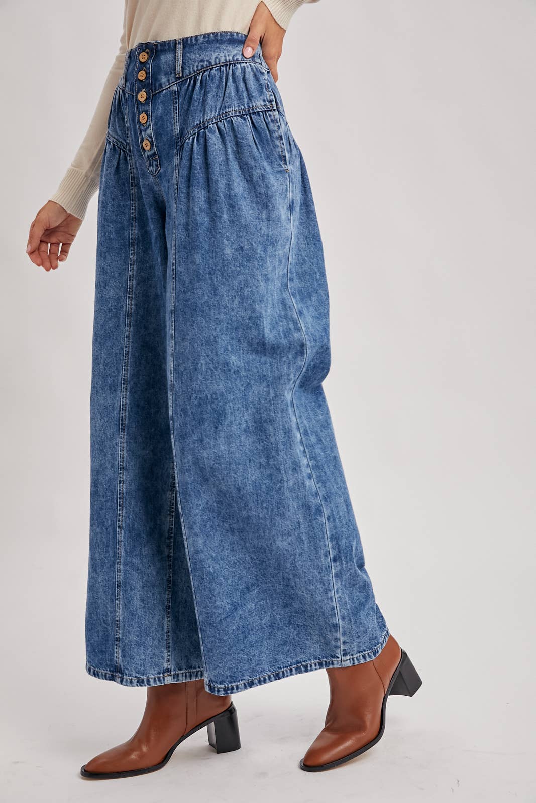 Retro Pleated Denim Wide Leg Jeans