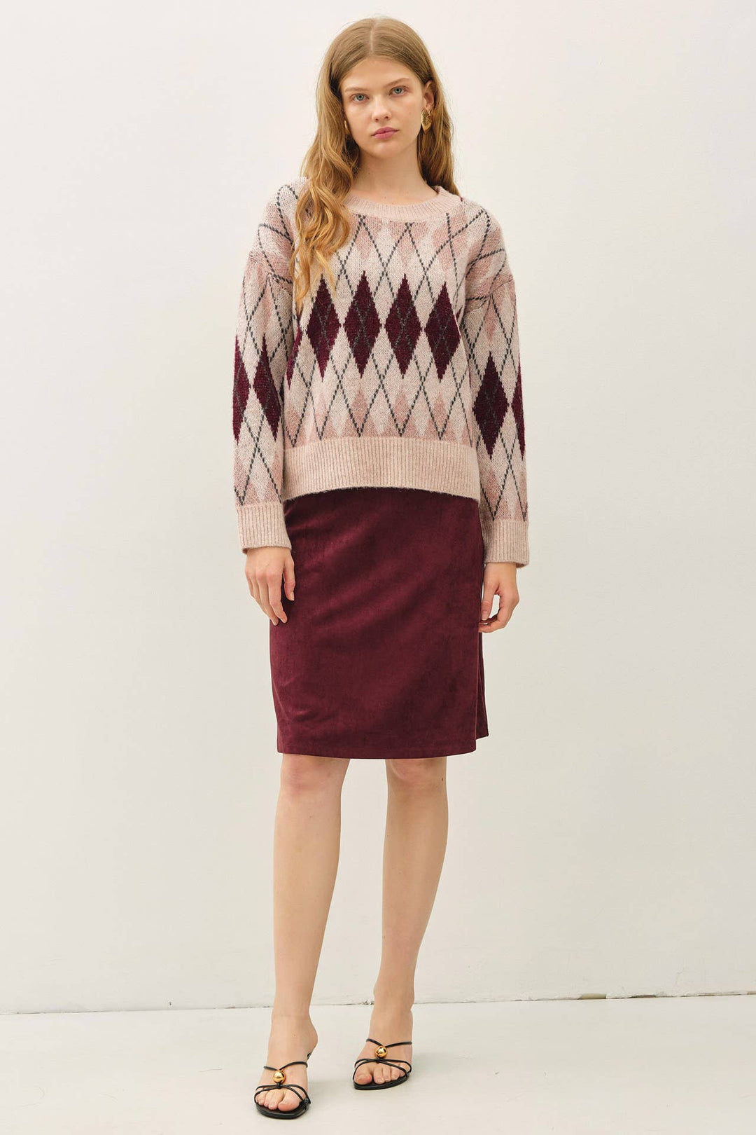 FAUX SUEDE  KNEE LENGTH A-LINE SKIRT: WINE / L