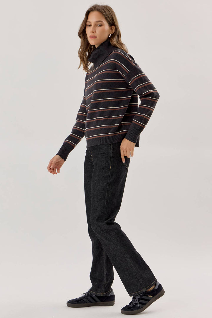 PREPPY STRIPED TURTLENECK BOXY SWEATER : MOCHA / SM