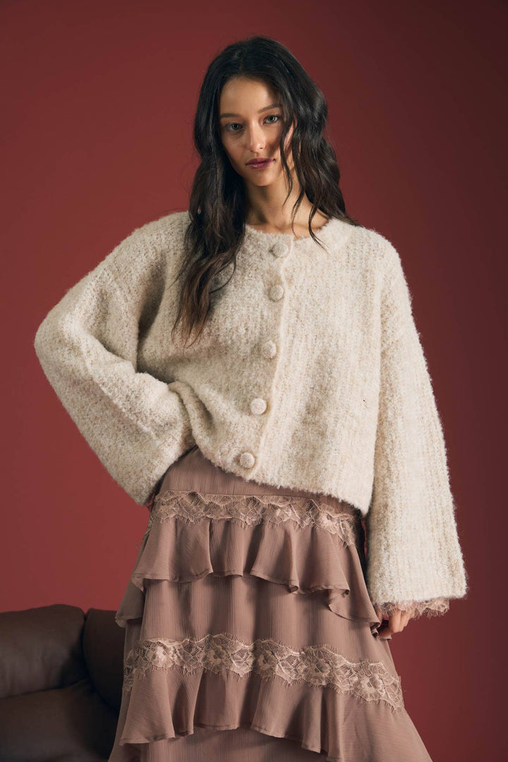 FUZZY KNIT BUTTON DOWN BOXY CARDIGAN SWEATER: CHOCOLATE BROWN
