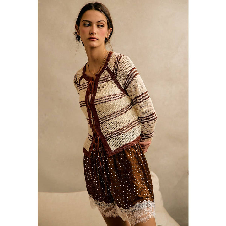 STRIPE OPEN KNIT TIE SWEATER TOP: BROWN / XL