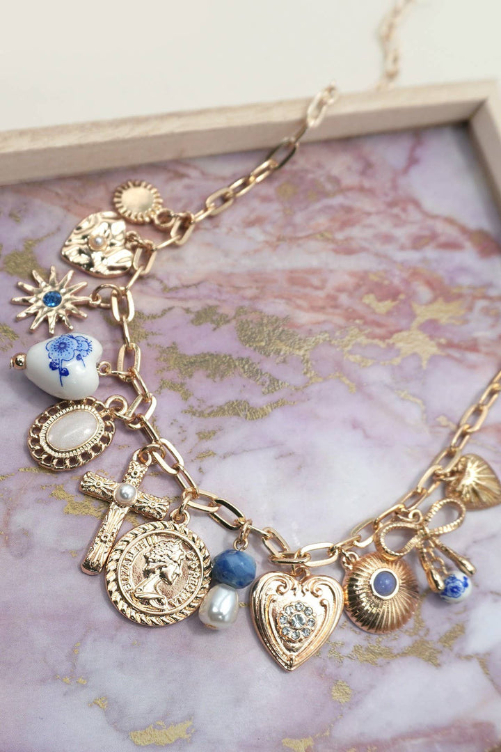 Cross &amp; Coin Heart Charm Necklace