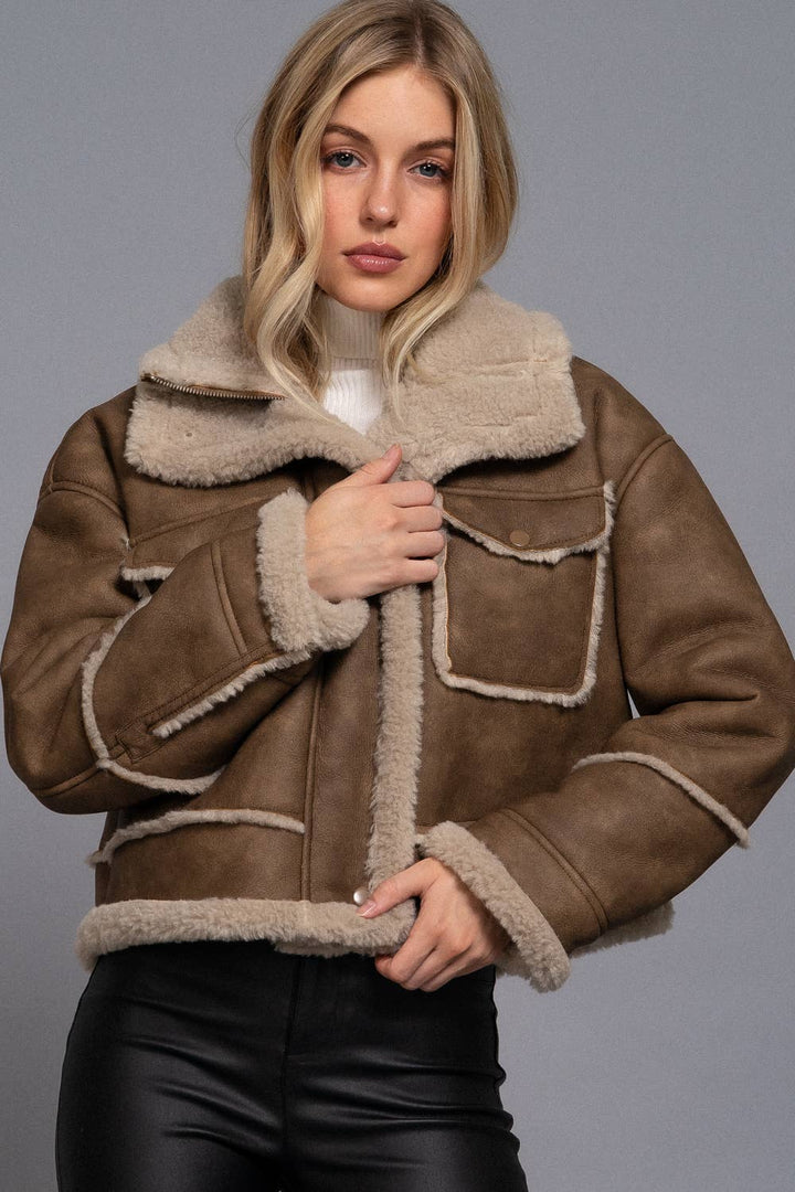 Chestnut Faux Leather Fur Trim Jacket