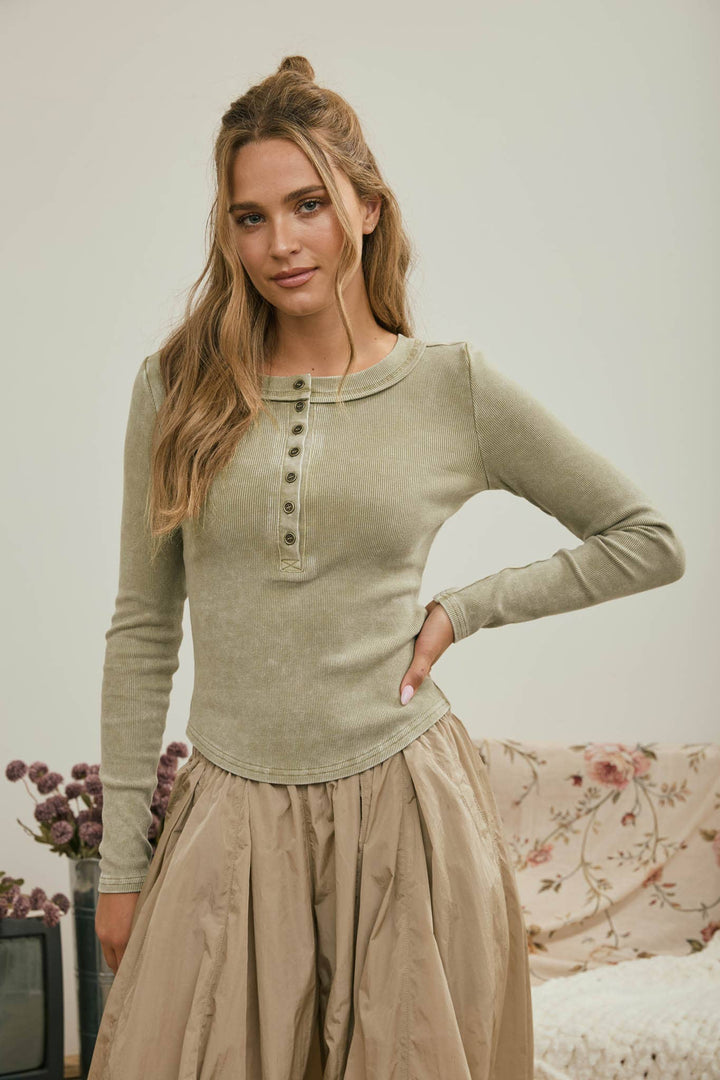 Washed Light Olive Ribbed Henley