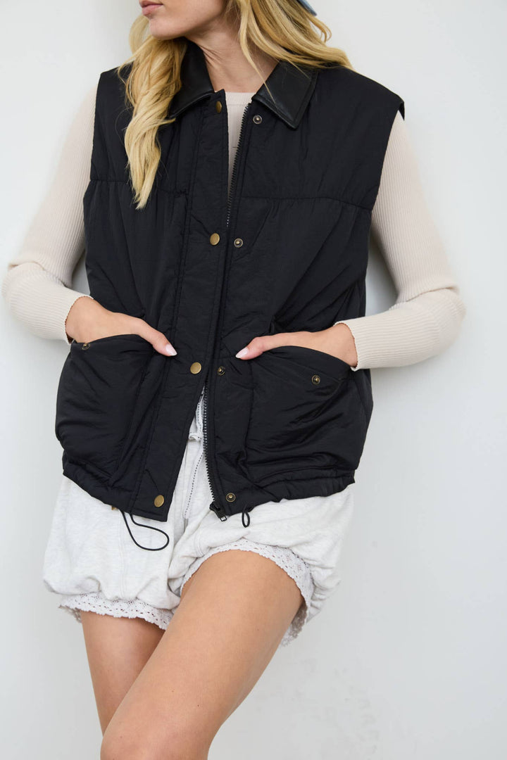 COLLARED SNAP-FRONT PUFFER VEST (PRE-ORDER): BLACK
