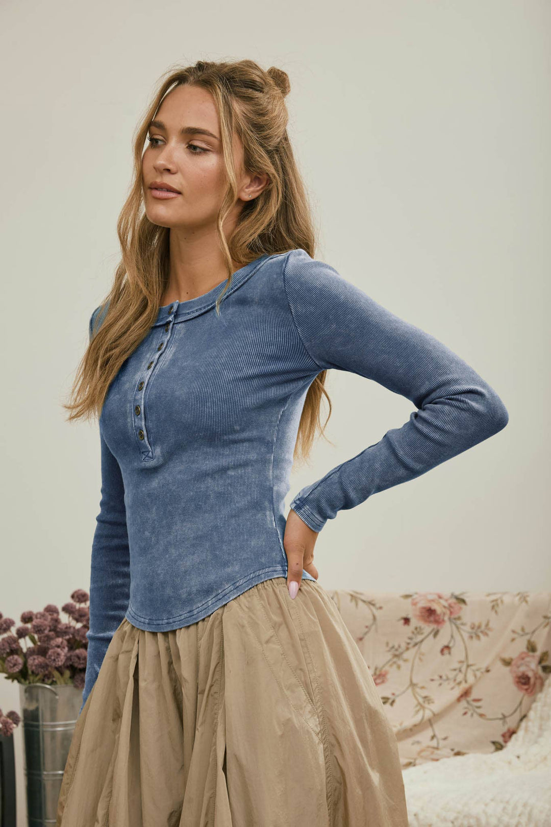 Washed Vintage Blue Ribbed Henley