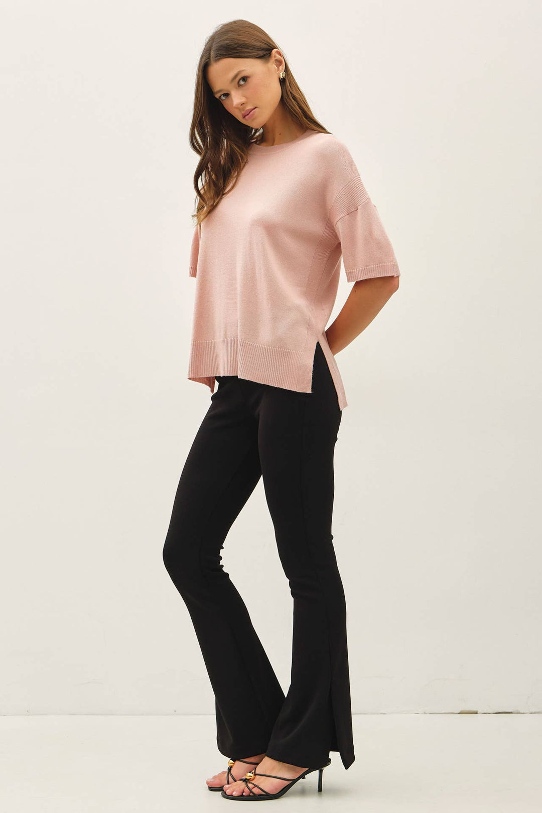 WOOL BLENED BOXY FIT SHORT SLEEVE SWEATER TOP : OATMEAL / L