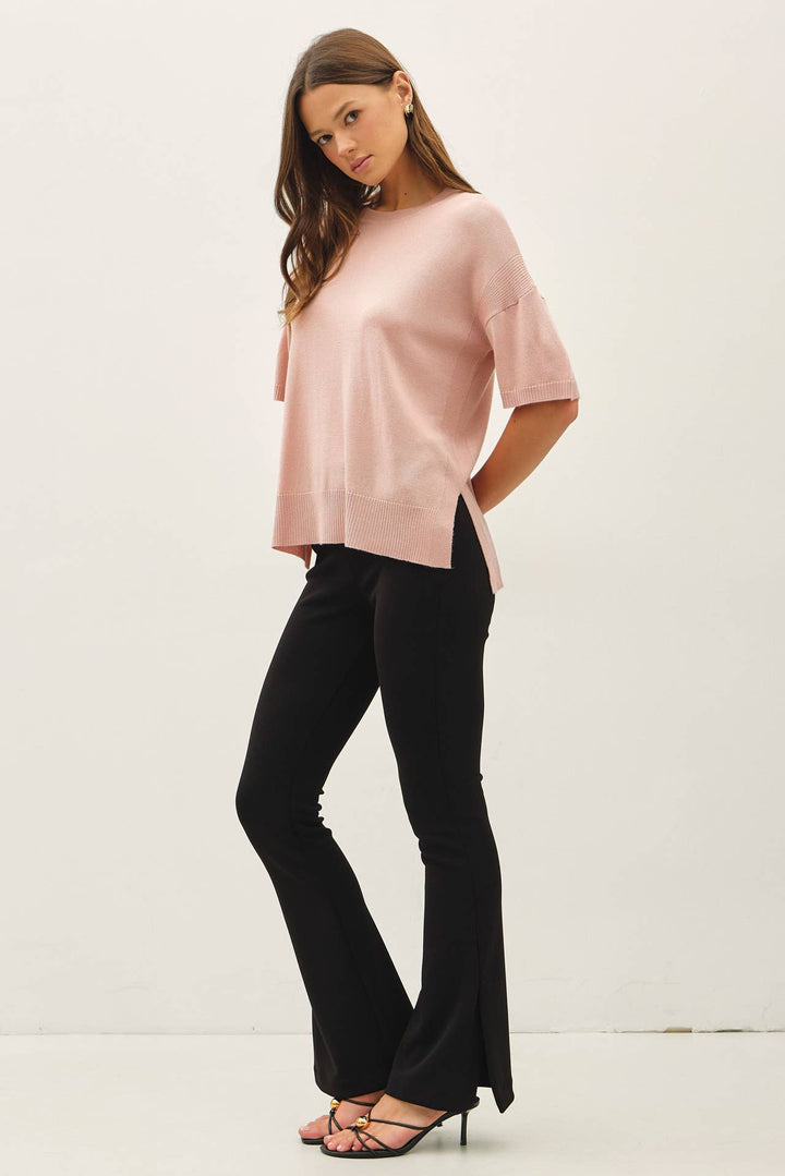 WOOL BLENED BOXY FIT SHORT SLEEVE SWEATER TOP : OATMEAL / L