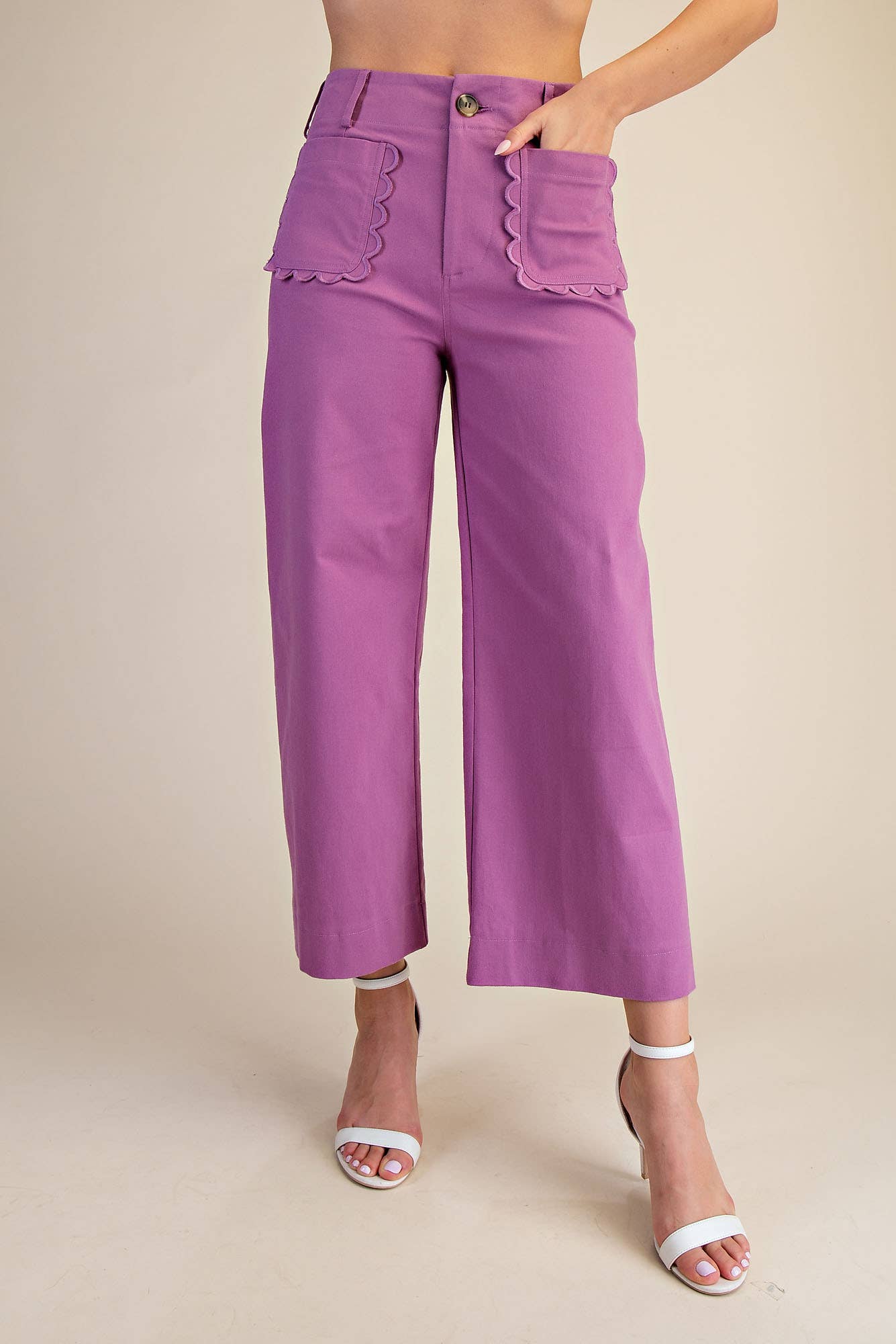 Lilac Cropped Wide-Leg Scallop Pocket Detail Pants