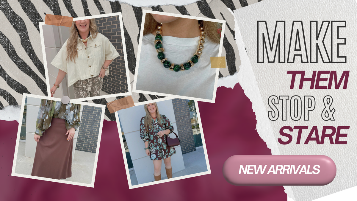A promotional collage with four fashion photos of women wearing outfits, a large text read 'MAKE THEM STOP & STARE,' and a pink 'NEW ARRIVALS' button on a torn-paper style background with zebra print and magenta fabric.