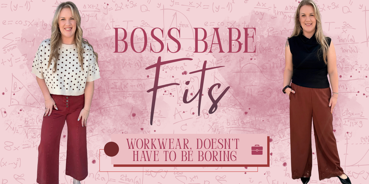 A promotional graphic for 'BOSS BABE Fits' featuring a woman modeling two different workwear outfits against a pink patterned background. On the left, she wears a white short-sleeve blouse with black polka dots and dark red wide-leg pants.